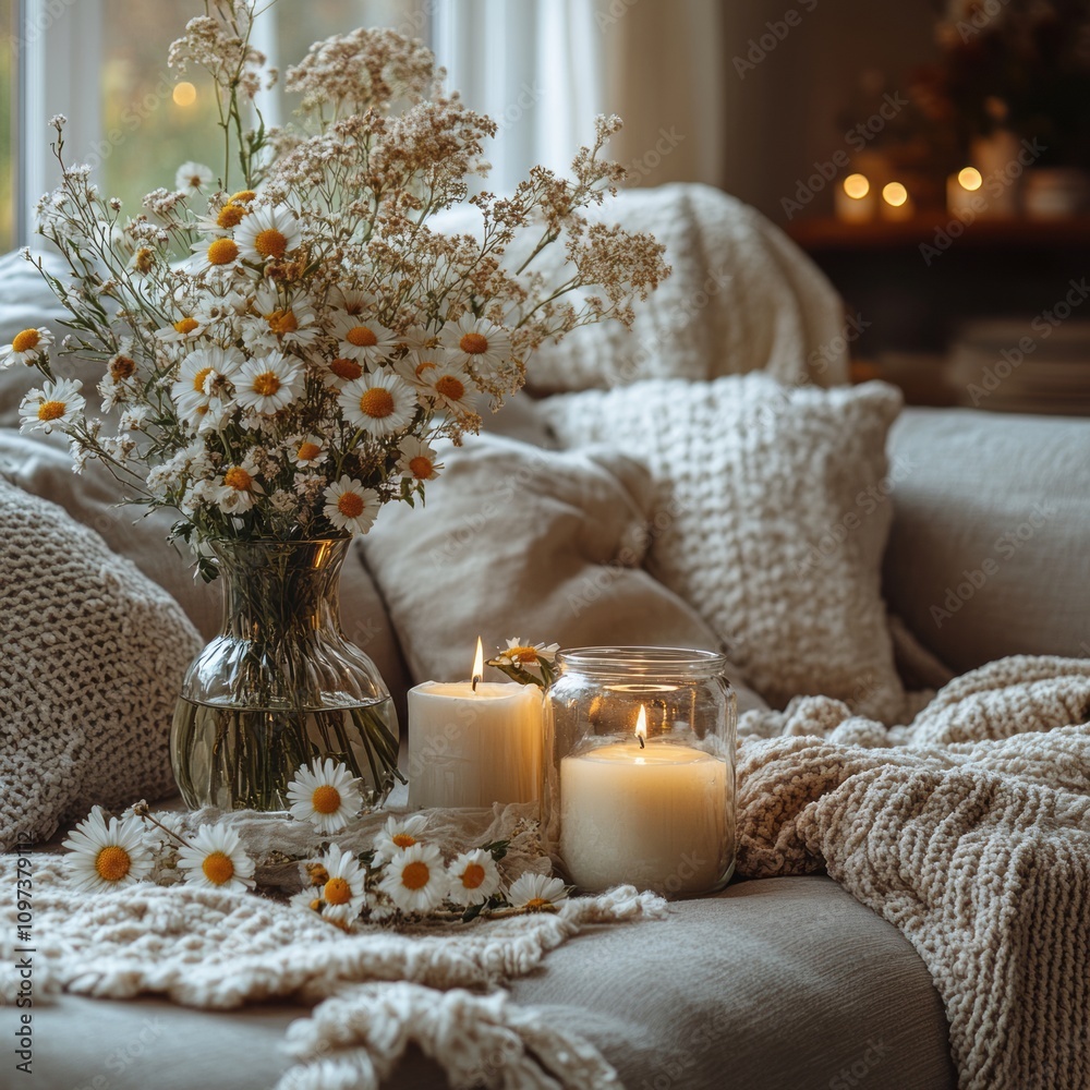 Cozy Autumn Scene With Daisies Candles And Knitted Blankets Cozy Autumn Scene With Daisies Candles And Knitted Blankets