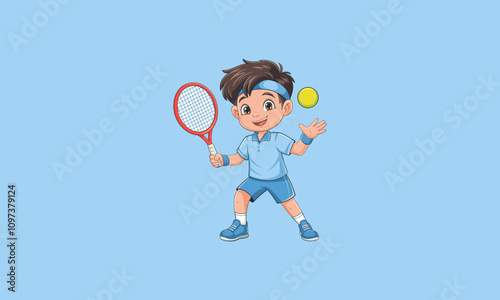 Happy boy playing tennis with a racket and ball vector.
