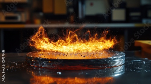 A physicist's experiment on magnetic fields using magnets and iron powder on a glass plate. photo