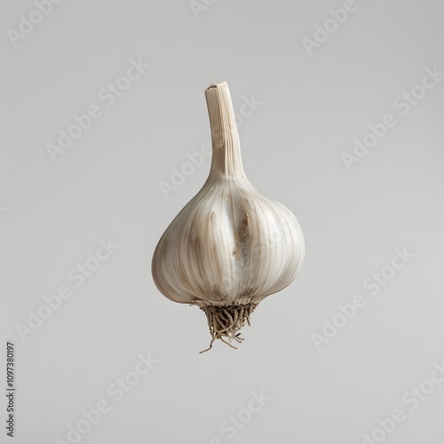 Single Garlic Bulb with Root System on White Background photo