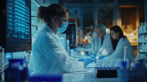 A team of doctors is reviewing clinical trial results from patients who participated in a drug trial in a research room. photo