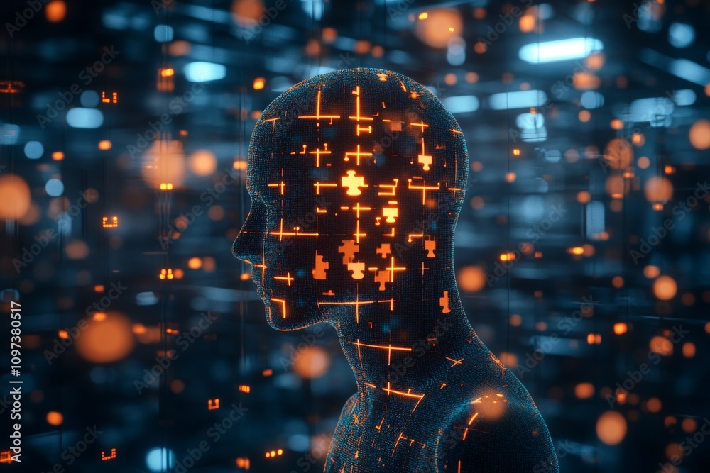 Male profile glowing with interconnected orange digital grids symbolizing innovation advanced technology and the seamless fusion of data and human thought processes Male profile glowing with interconnected orange digital grids symbolizing innovation advanced technology and the seamless fusion of data and human thought processes