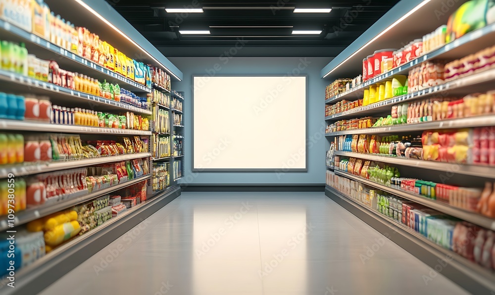 Supermarket Shelves With Blank Banners And POS Display Design. 3D rendering design. Supermarket Shelves With Blank Banners And POS Display Design. 3D rendering design.