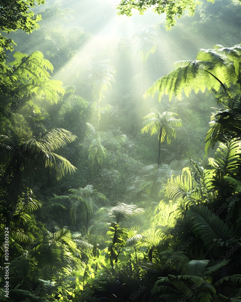 Fototapeta premium Lush tropical forest with sunlight filtering through dense foliage.