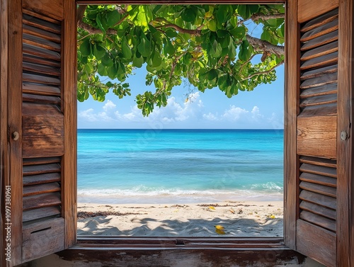 Open window with wooden shutters overlooking tropical beach and sea