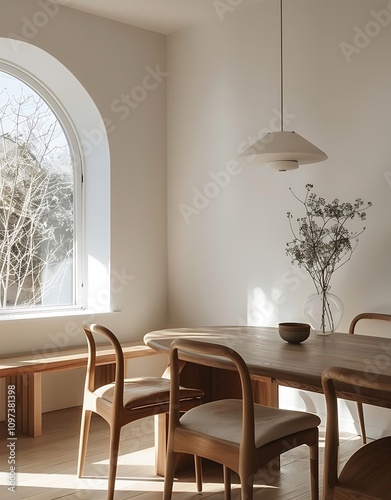 Elegant dining room interior with a round table, wooden chairs, and a sleek pendant lamp, framed by an oval window and warm natural light