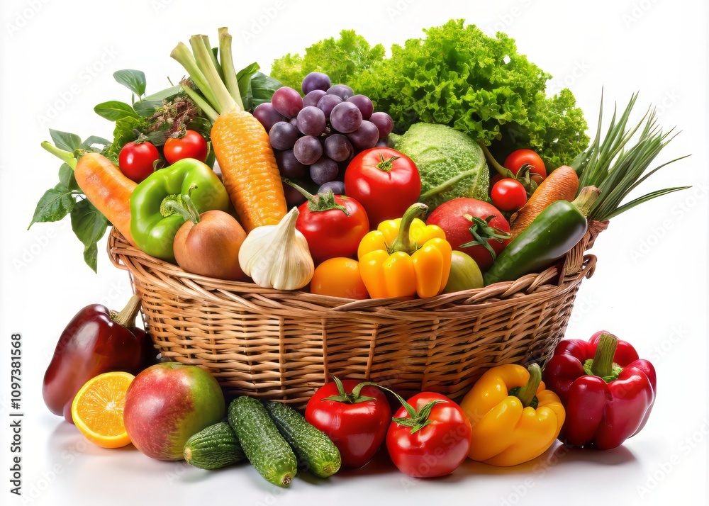 Fresh Fruit & Veggie Basket - White Background - Studio Shot Fresh Fruit & Veggie Basket - White Background - Studio Shot