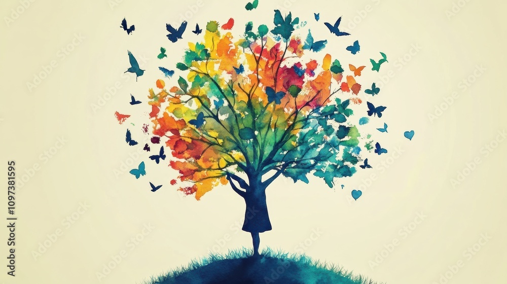 Fototapeta premium Vibrant Tree of Life Illustration with Colorful Leaves, Fluttering Butterflies, and Silhouetted Figure Embracing Nature's Beauty in a Whimsical Setting