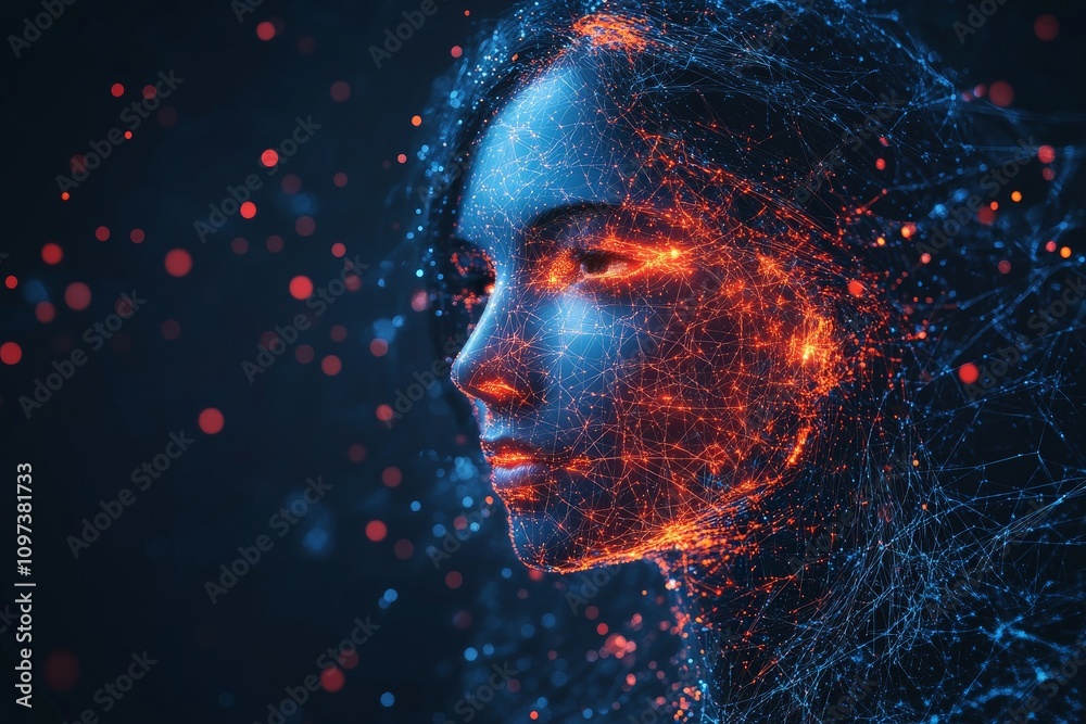 Womans face glowing with fiery red particles symbolizing transformation emotional intensity and the fusion of imagination and resilience in a vibrant conceptual style Womans face glowing with fiery red particles symbolizing transformation emotional intensity and the fusion of imagination and resilience in a vibrant conceptual style