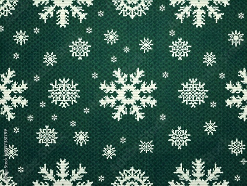 Knitted pattern seamless fabric Christmas on green. traditional knitted pattern snowflakes winter concept. Designed for background 