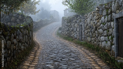 Enjoy a peaceful view of a misty cobblestone road lined with stone walls and trees, creating a tranquil atmosphere ideal for nature lovers and adventurers.