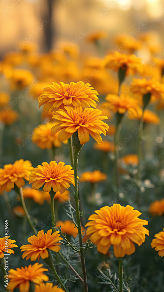 Serene scene of yellow and orange marigold flowers in a fall garden, scene, yellow, marigold, flowers, fall Serene scene of yellow and orange marigold flowers in a fall garden, scene, yellow, marigold, flowers, fall