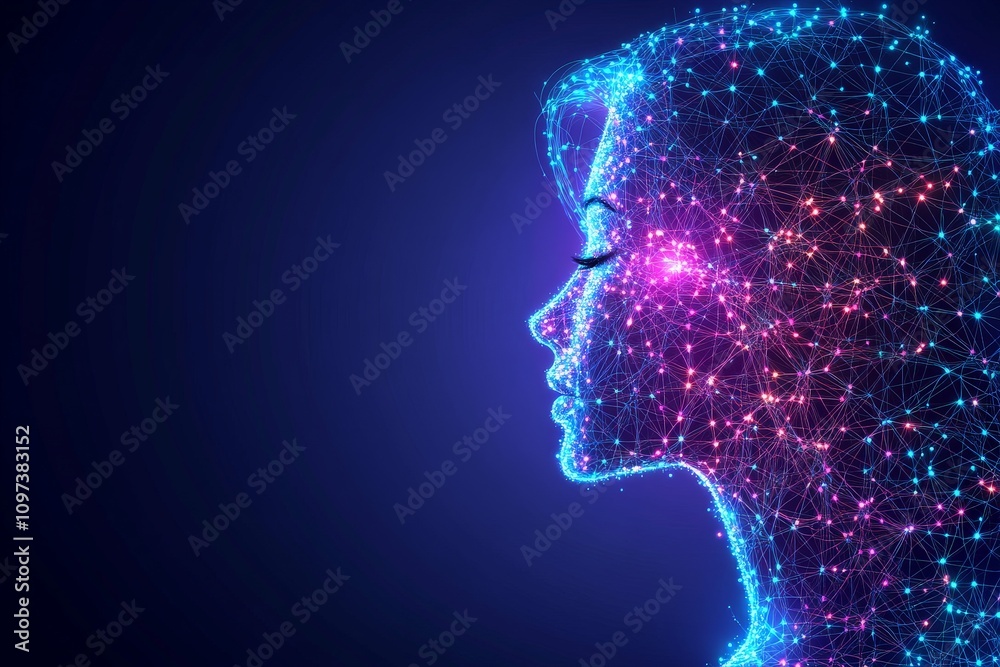 Female profile glowing with radiant purple and pink digital light symbolizing imagination cognitive energy and the boundless potential of thought in an abstract futuristic aesthetic Female profile glowing with radiant purple and pink digital light symbolizing imagination cognitive energy and the boundless potential of thought in an abstract futuristic aesthetic