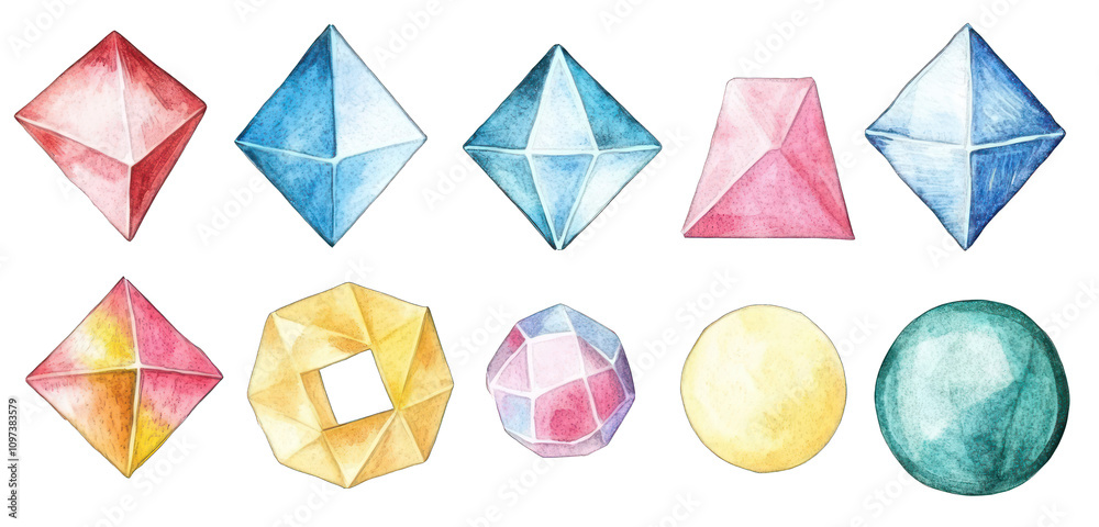Hand-drawn geometric shapes with watercolor pencils, isolated on white. Hand-drawn geometric shapes with watercolor pencils, isolated on white.