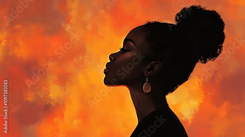 A serene profile of a black woman, her silhouette softly lit by the warm colors of a sunset, creating a peaceful and contemplative mood