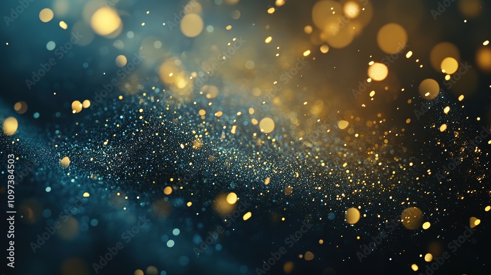 Fototapeta premium Abstract background with gold and blue glitter particles.