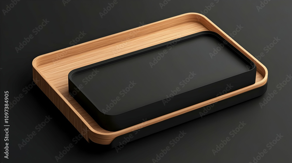 Wooden and black tray set on dark background. Wooden and black tray set on dark background.
