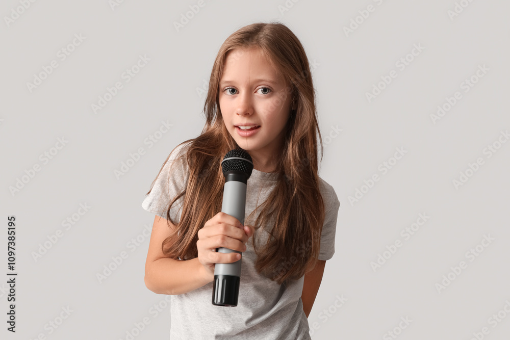 Cute girl with modern microphone on grey background Cute girl with modern microphone on grey background