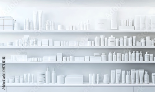  Supermarket Shelves With Blank Banners And POS Display Design. 3D rendering design. 