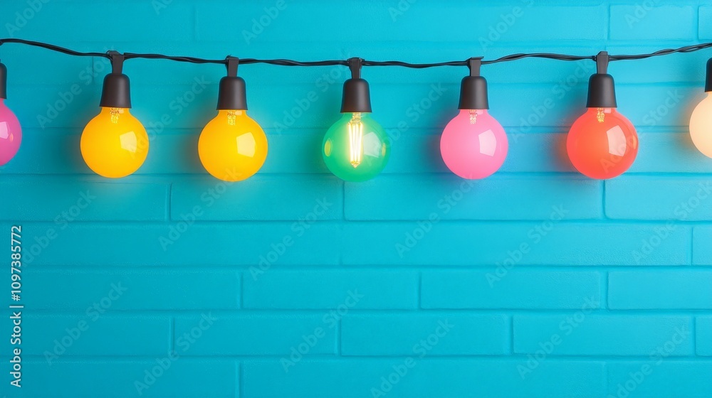 Colorful String Lights on Blue Brick Wall Colorful String Lights on Blue Brick Wall