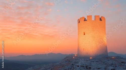 Sunset Tower: A lone, ancient tower stands tall against a fiery sunset, its silhouette casting a dramatic shadow against the mountain backdrop. This image evokes a sense of mystery, resilience. photo