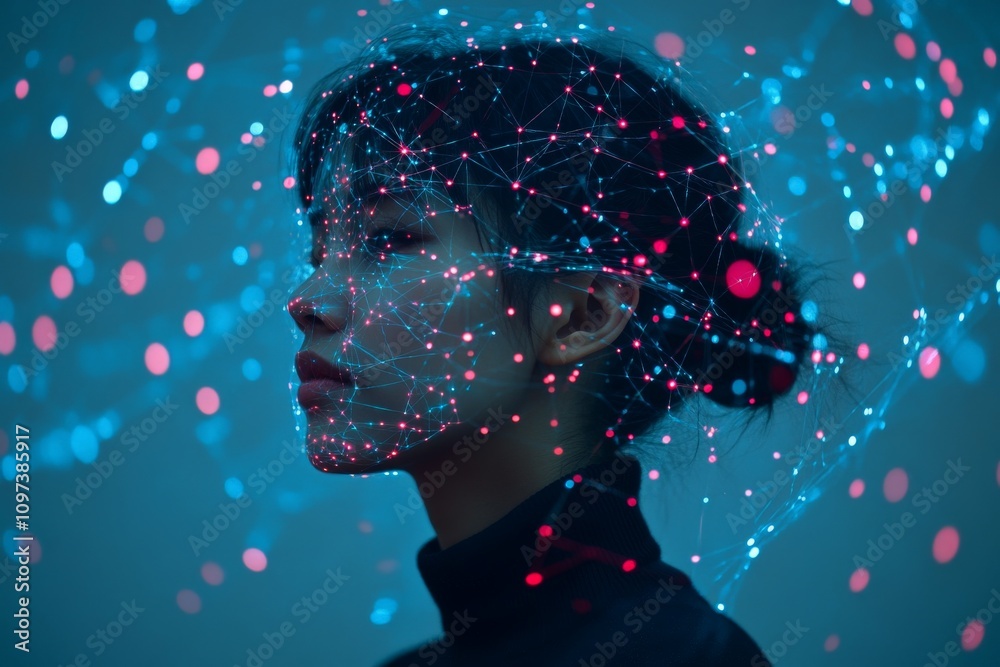 Female face composed of glowing red and blue particles on a dark purple ...