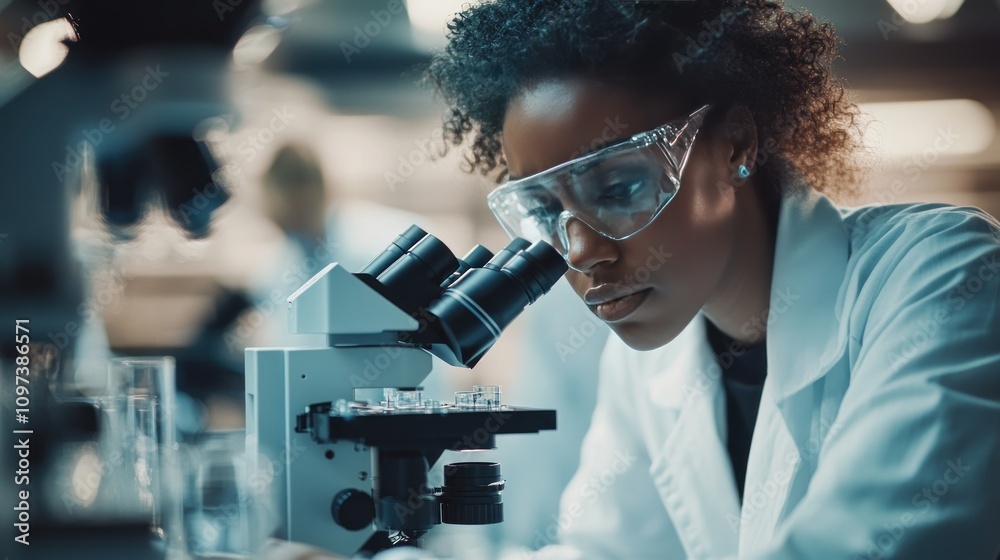 Scientists focus a microscope to view cell samples in a modern laboratory. Scientists focus a microscope to view cell samples in a modern laboratory.