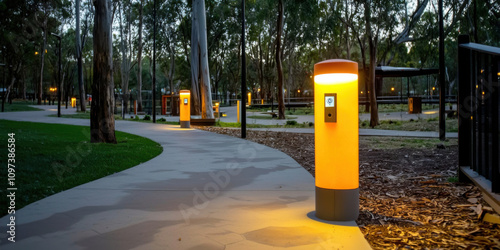 Urban park with illuminated paths and emergency call stations, creating safe atmosphere