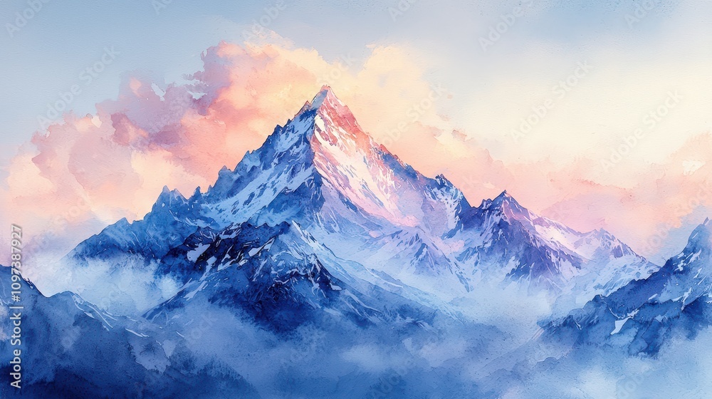 A stunning watercolor of a snowy mountain peak bathed in the soft pink light of dawn. The icy textures blend seamlessly with the cool tones of the sky. The composition conveys stillness and A stunning watercolor of a snowy mountain peak bathed in the soft pink light of dawn. The icy textures blend seamlessly with the cool tones of the sky. The composition conveys stillness and