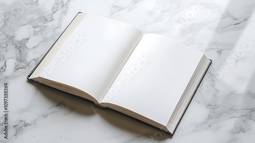 Open Blank Book on Marble Surface Background photo