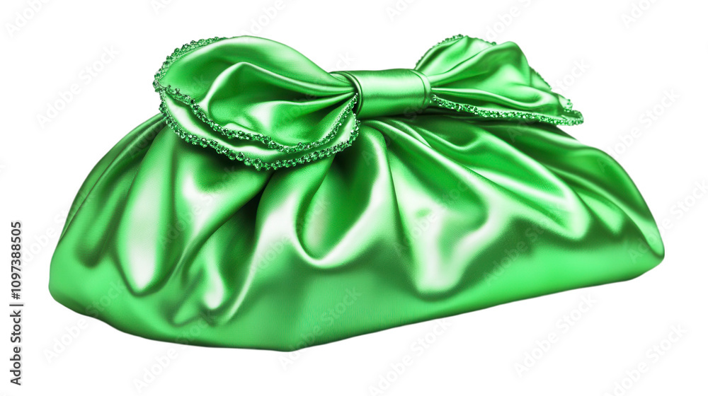 Satin Green Clutch Elegance, bow detail, shimmering material, chic fashion accessory, stylish design for evening wear Isolated on white background or PNG Satin Green Clutch Elegance, bow detail, shimmering material, chic fashion accessory, stylish design for evening wear Isolated on white background or PNG