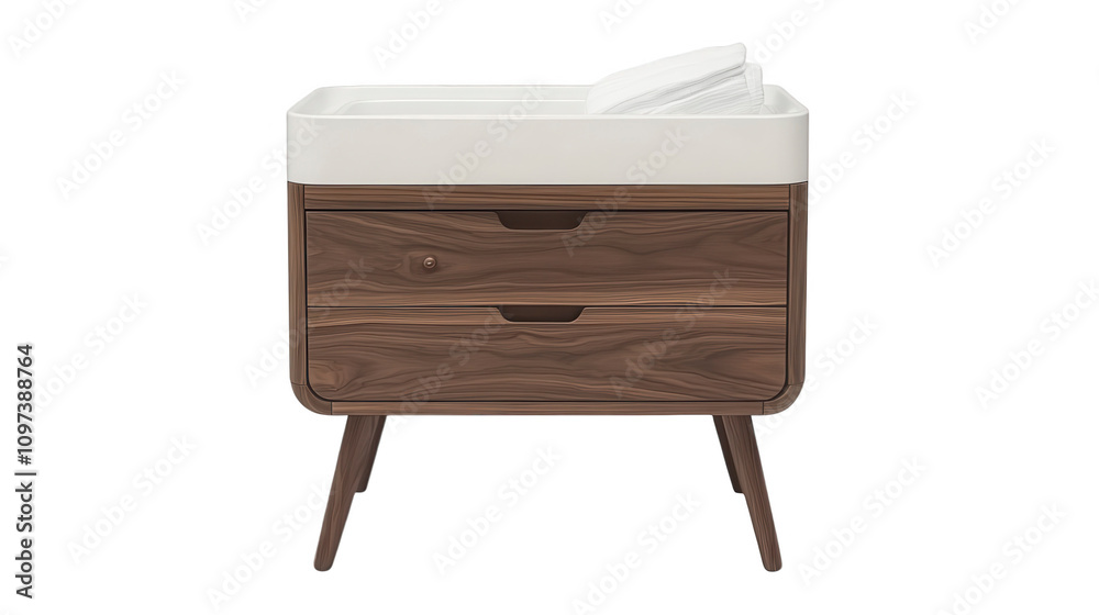 Mid-Century Modern Changing Table, wooden craftsmanship, dual drawers, white top, sleek angled legs Isolated on white background or PNG Mid-Century Modern Changing Table, wooden craftsmanship, dual drawers, white top, sleek angled legs Isolated on white background or PNG