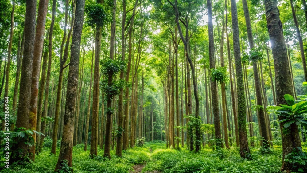Lush teak forest in Luang Prabang, Laos with tall trees and dense vegetation, teak, natural, forest, Luang Prabang, Laos Lush teak forest in Luang Prabang, Laos with tall trees and dense vegetation, teak, natural, forest, Luang Prabang, Laos