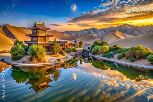 Panoramic Dunhuang Mingsha Mountain Crescent Moon Lake 2024 photo