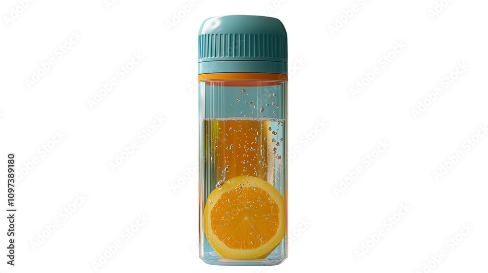 Orange infused water bottle, refreshing, vibrant, minimalistic design, clear and teal combination, slice immersion. Isolated on white background or PNG Orange infused water bottle, refreshing, vibrant, minimalistic design, clear and teal combination, slice immersion. Isolated on white background or PNG