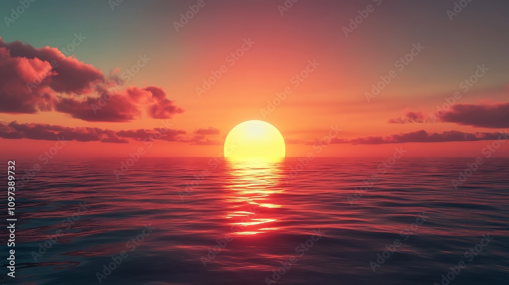 A vibrant crimson sunset melting into the horizon, reflecting on the still ocean waters, creating a stunning and tranquil landscape A vibrant crimson sunset melting into the horizon, reflecting on the still ocean waters, creating a stunning and tranquil landscape