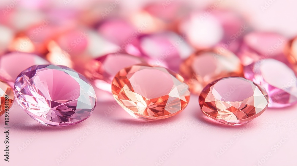 Pink Gemstones Sparkle: A captivating close-up of various pink gemstones, showcasing their dazzling brilliance and intricate facets. The subtle color variations create a luxurious and elegant feel. Pink Gemstones Sparkle: A captivating close-up of various pink gemstones, showcasing their dazzling brilliance and intricate facets. The subtle color variations create a luxurious and elegant feel.
