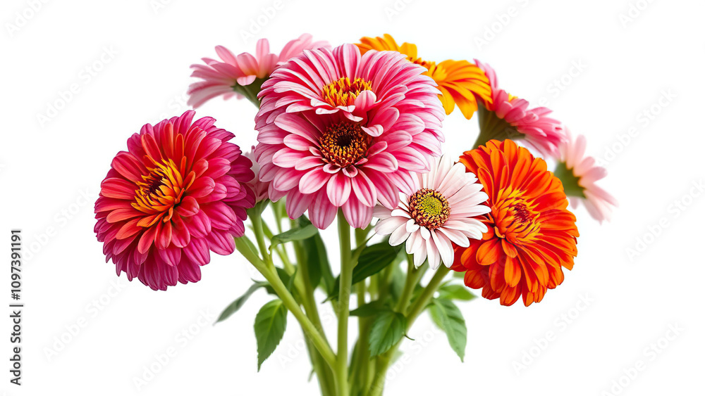 A bunch of zinnia flowers isolated on a plain white background, flowers, beauty, bunch, white background A bunch of zinnia flowers isolated on a plain white background, flowers, beauty, bunch, white background