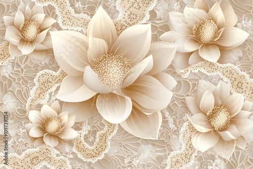Elegant beige floral design featuring large lotus flowers and intricate lace patterns.