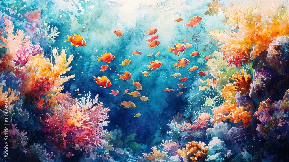 Fototapeta premium A stunning watercolor coral reef teeming with vibrant marine life in shades of turquoise, coral, and orange. Schools of fish weave through the scene, adding motion and energy. The underwater 