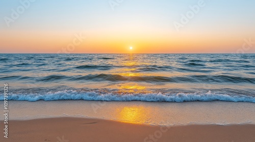 Golden Hour on the Coast: A breathtaking seascape unfolds with the warm glow of a golden sunset painting the horizon, gentle waves lapping at the sandy shore. It's a moment of tranquil beauty.