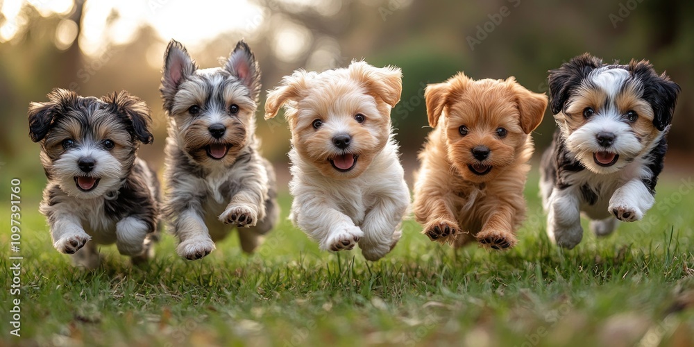Five Adorable Puppies Running Through Green Grass