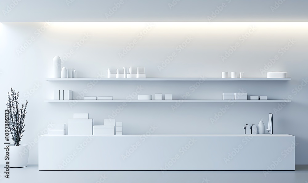  Supermarket Shelves With Blank Banners And POS Display Design. 3D rendering design. 
