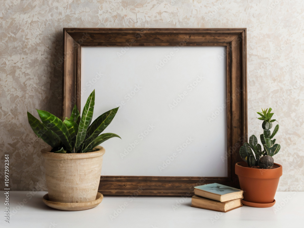 Flowers and green plants enhance the blank wooden frame's elegance. Flowers and green plants enhance the blank wooden frame's elegance.