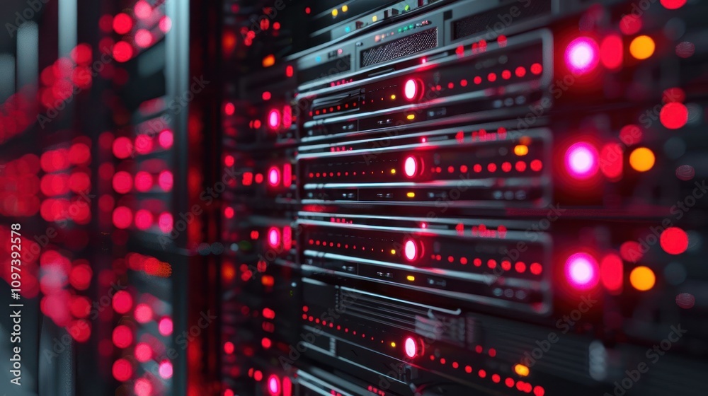 A close-up of server racks with red LED lights indicating activity and status. A close-up of server racks with red LED lights indicating activity and status.