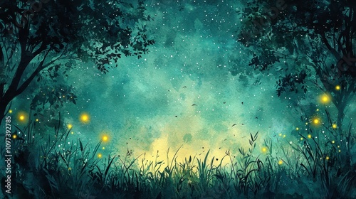 A whimsical watercolor forest clearing under a starlit sky, with glowing fireflies scattered among the tall grass. The soft greens and blues create a serene and magical ambiance. The composition 