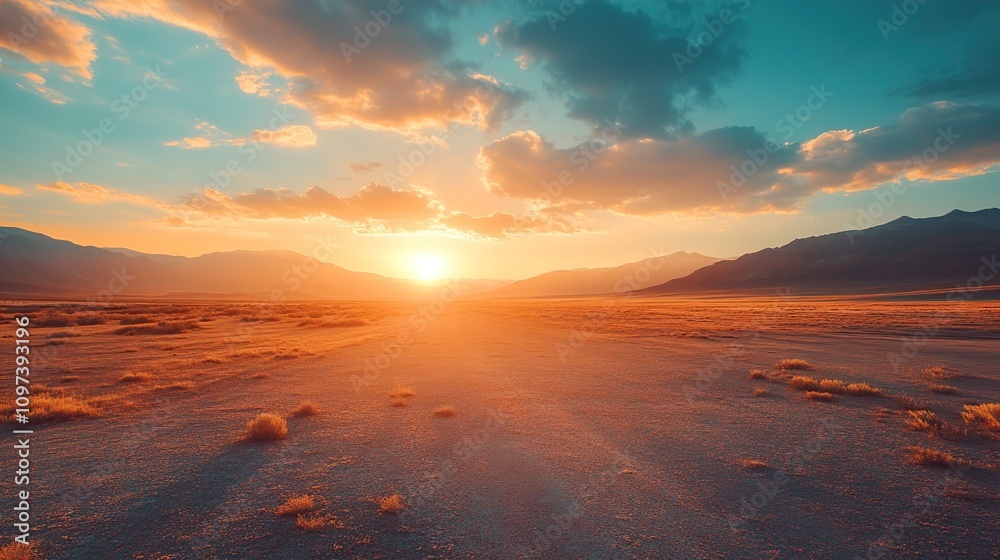 Fototapeta premium Majestic Desert Sunset: Golden Hour over Mountains and Plains