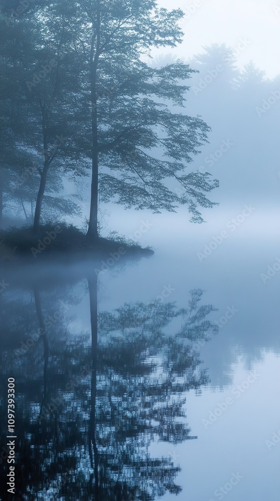 Obraz premium Misty Lake Morning: Serene Nature Photography