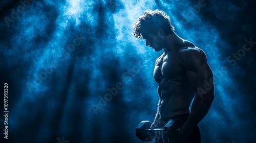 Shirtless male bodybuilder standing in dramatic blue backlight with defined muscles symbolizing power focus and strength in a moody gym setting