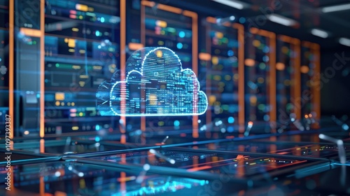 A digital cloud icon overlaid on a server room, symbolizing cloud computing technology.